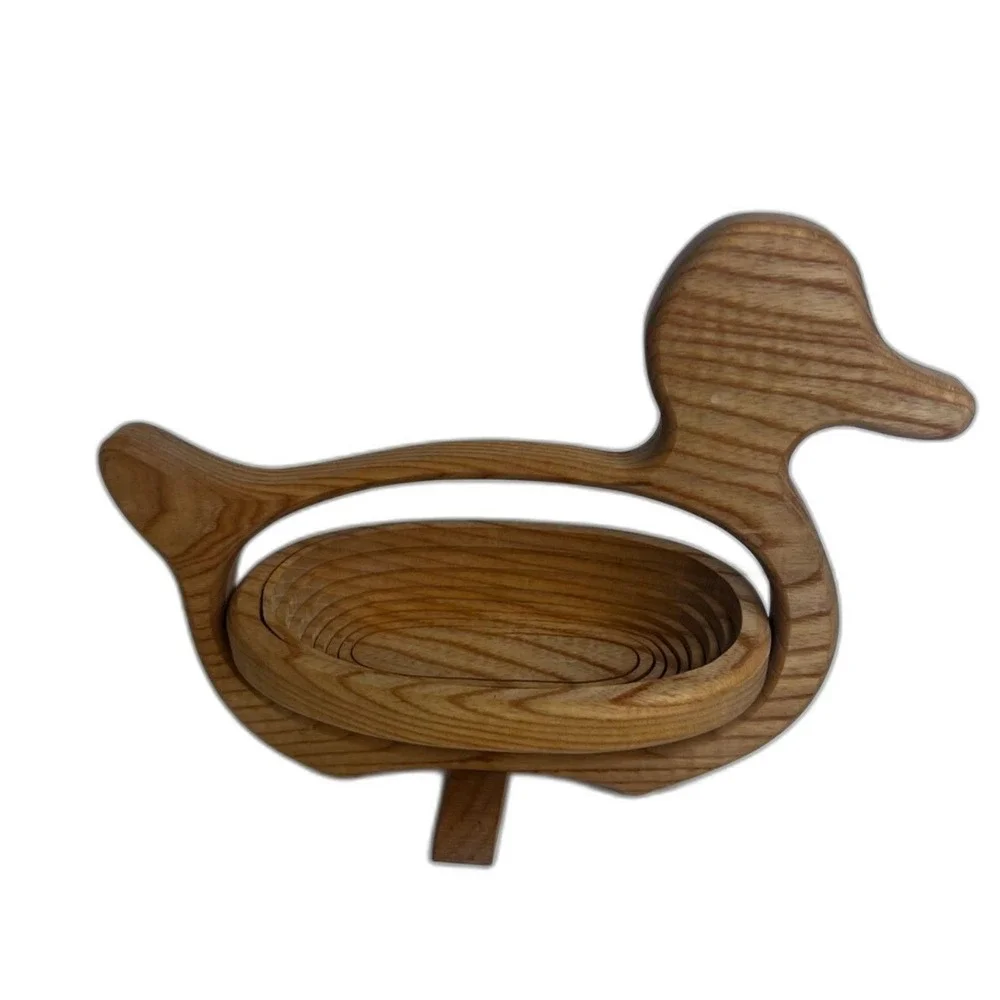 Duck Handcrafted Collapsible Wooden Basket Bread Fruit Bowl Decor Farmhouse
